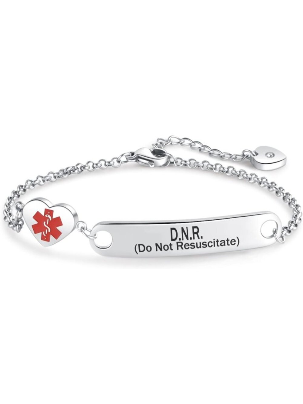 Women's (Do Not Resuscitate) Heart Medical Alert Stainless Steel Chain Bracelet